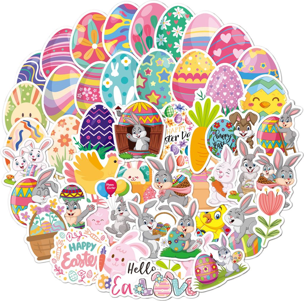 50 Stück Osteraufkleber, Kaninchen-Ei-Muster, Vinyl-Aufkleber, wasserdicht, Cartoon-Aufkleber für Wasserflaschen, Laptop
