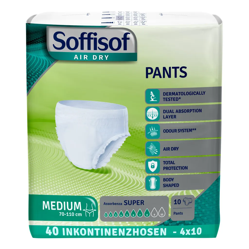 Soffisof Air Dry mutande per adulti Super M - 40x mutande per incontinenza - 4 confezioni da 10 pannolini, 8 gocce - mutande per pannolini