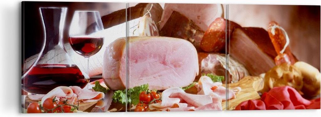 Bild auf Leinwand - Leinwandbild - Essen Essen Wurst Kräuter - 120x40cm - Wand Bild - Wanddeko - Leinwanddruck - Bilder - Kunstdruck - Wanddekorat...