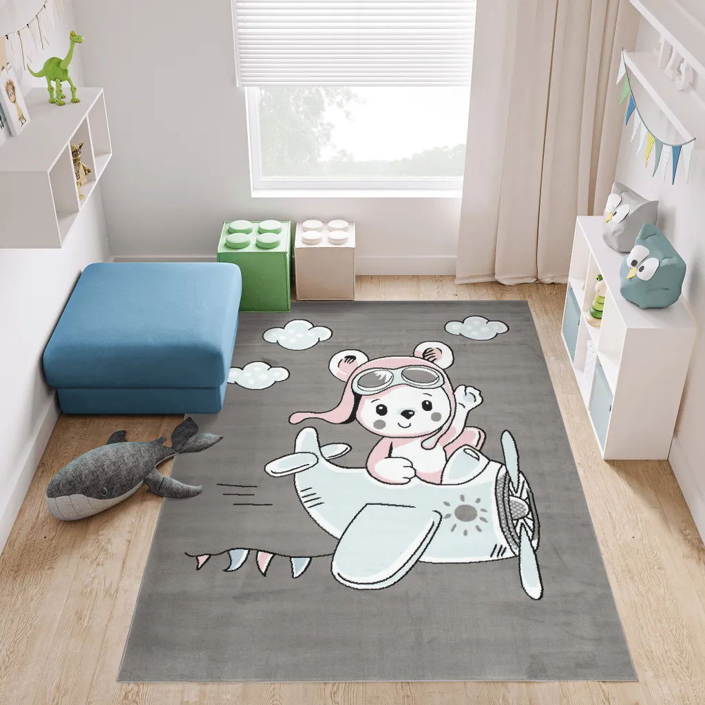 Tapis de jeux pour chambre enfant 140x200 cm lavable Ours Avion Gris
