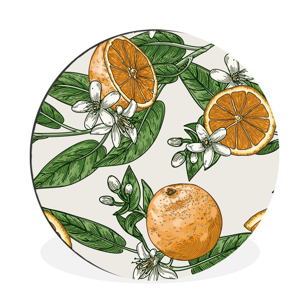 MuchoWow Aluminium Wandkreis Illustration von Orangen und Blüten Ø 30 cm Wanddeko Modern Wohnzimmer - Wand Bild - Wohnzimmer - Runde Bilder - A...