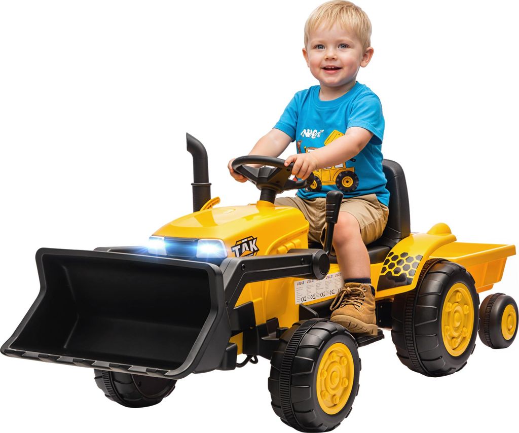 AIYAPLAY Kinder Elektro Bagger mit Anhänger, Schaufel, 12V Aufsitzbagger mit Fernbedienung 2 Motor Kinder Elektroauto mit Musik, LED-Lichter, USB,...