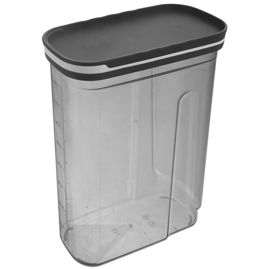 A transparent gray food storage container with a dark gray lid.