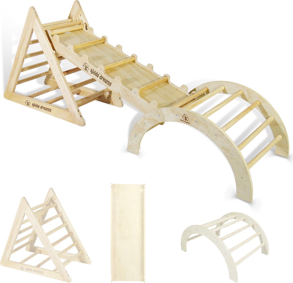 A wooden climbing triangle with a slide and arch, shown in multiple configurations.
