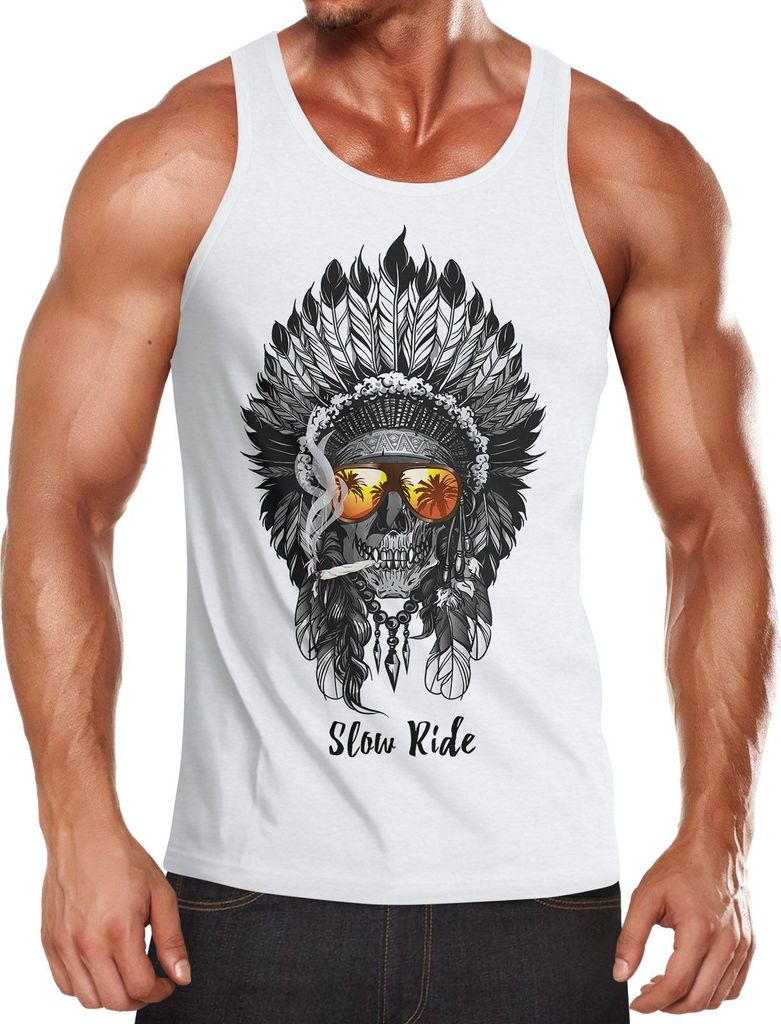 Herren Tank-Top Indian Skull Indianer Totenkopf Muskelshirt Muscle Shirt Neverless weiß L
