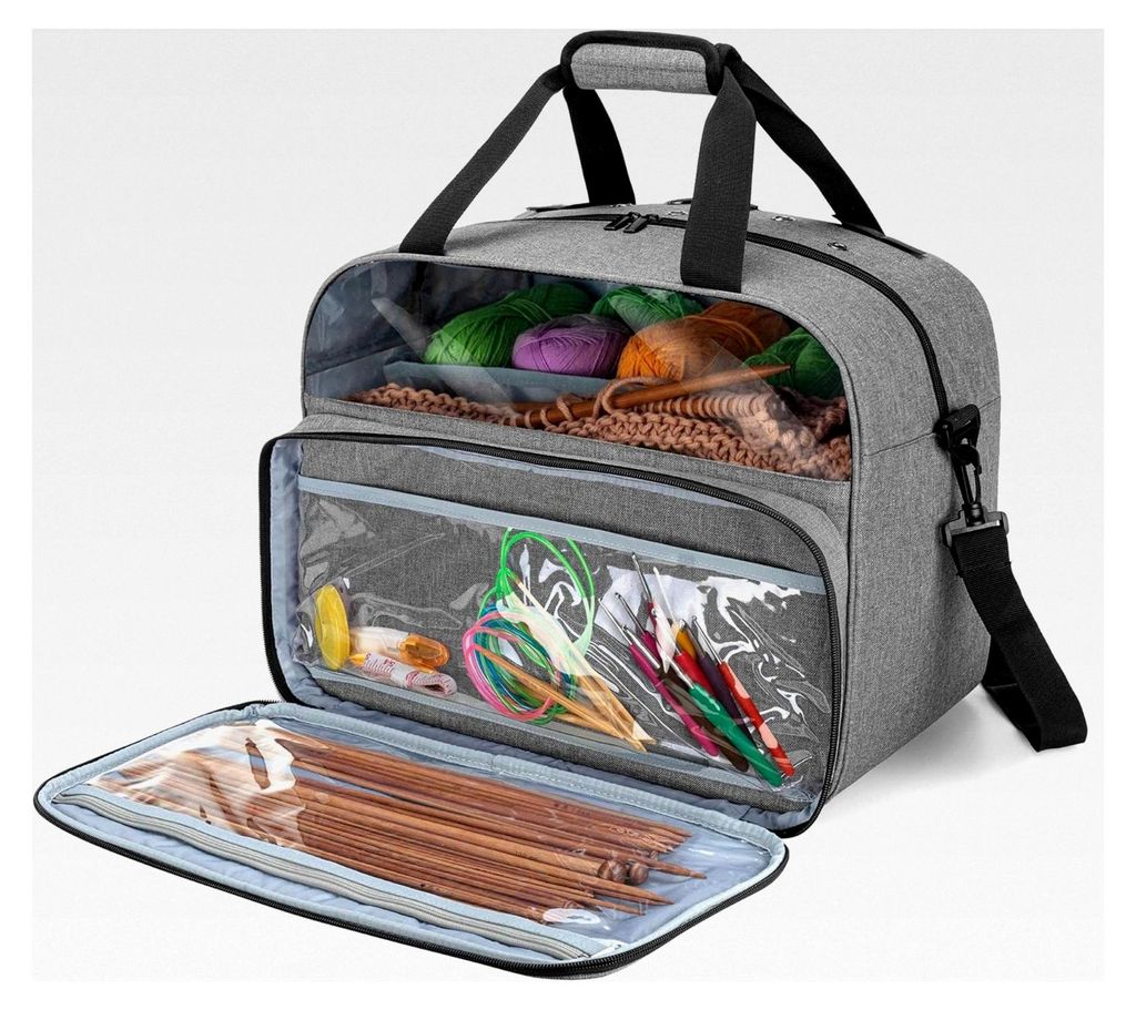 Garn Tasche, Stricktasche für Zubehör, Aufbewahrungstasche für Häkelnadeln und Strickzubehör, Reisetasche für Wolle und unfertige Projekte, Grau