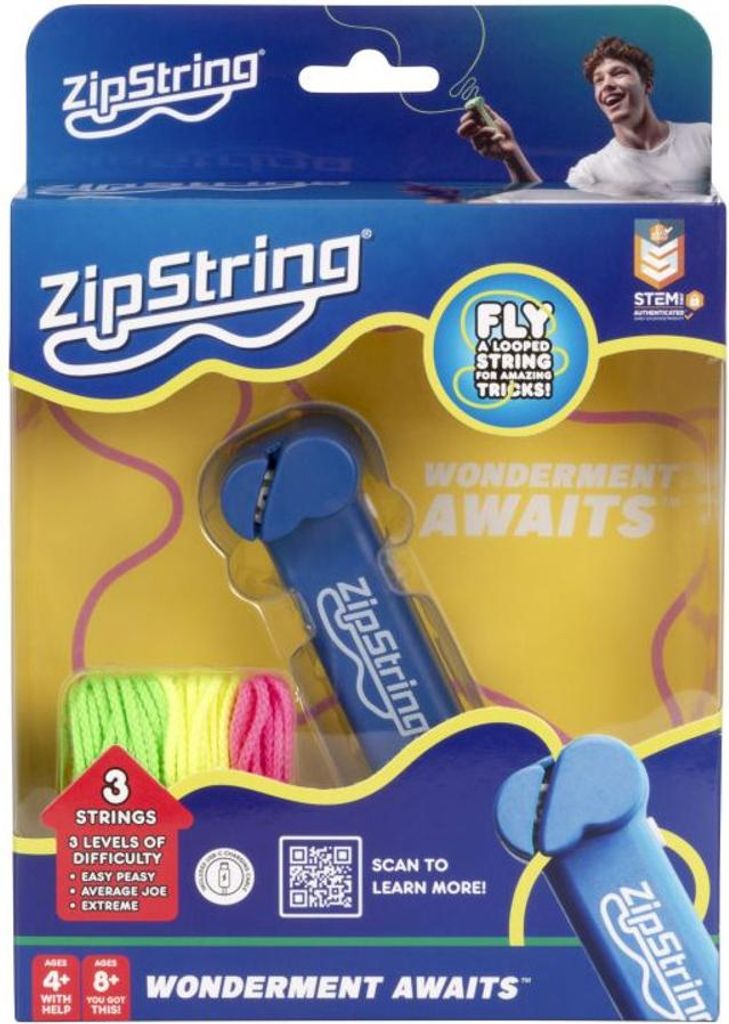 The image shows the retail packaging for a ZipString toy.