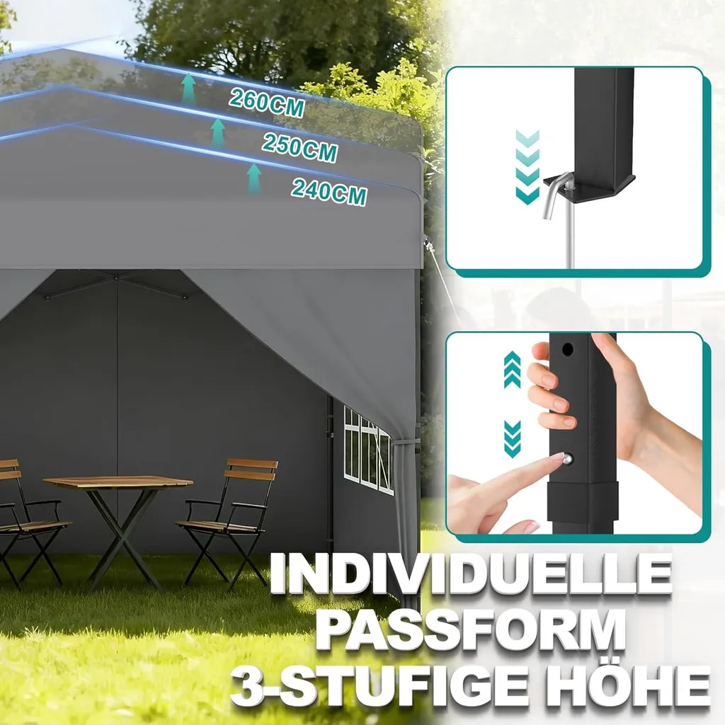 Gazebo Pieghevole 2,5x2,5 m Sessamen-LP Impermeabile Grigio per Giardino - 5