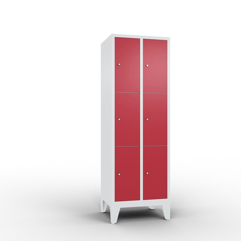 Fächerschrank, BxTxH 610x500x1850 mm, 2x3 Fächer, Abt.B 300 mm, Füße, Schloss, glatte Türen, RAL 7035/3003