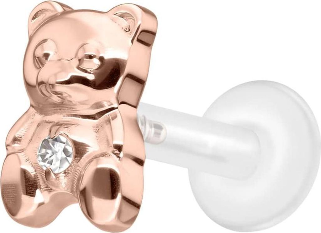 Ohrpiercing, Nasenpiercing PTFE Labret mit Innengewinde + Titan-Aufsatz TEDDYBÄR RoséGold Stablänge: 8mm | Stabstärke: 1,6mm