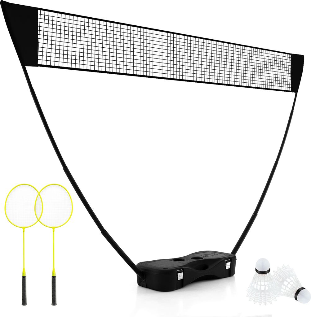 COSTWAY Badminton-Set mit Schlägern, tragbares Federballspiel mit 2 Federbällen, Premium-Netz, 2 Schlägern & Aufbewahrungsbox. Netzständer schwarz
