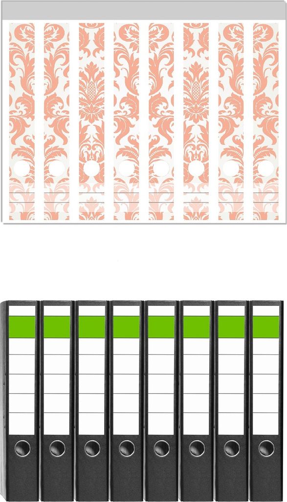 Wallario 8 Stück schmale Ordner inkl. Klebeetiketten mit Motive Königliche Schnörkelei in weiß und orange - Set mit Rückenschildern / Ordnerr...