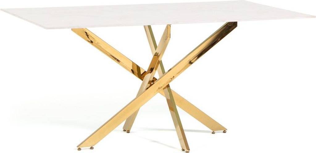 A rectangular table with a white marble-look top and a gold criss-cross metal base, presented against a white background.