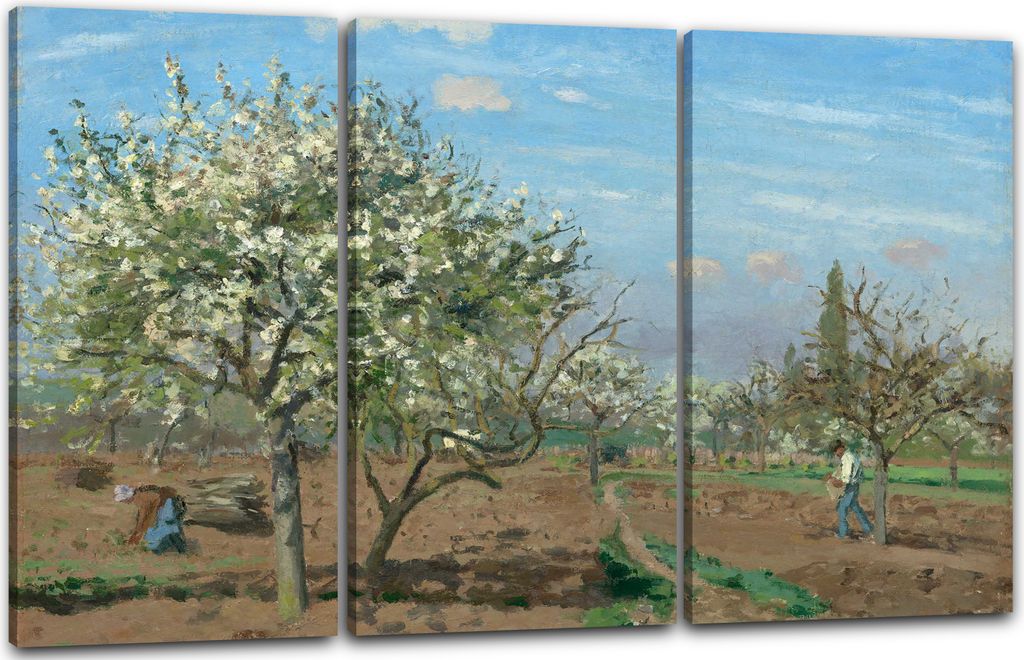 Leinwandbild 3-teilig (120x80cm): Camille Pissarro - Orchard in Blossom, Louveciennes, echter Holz-Keilrahmen inkl. Aufhänger, handgefertigt in De...