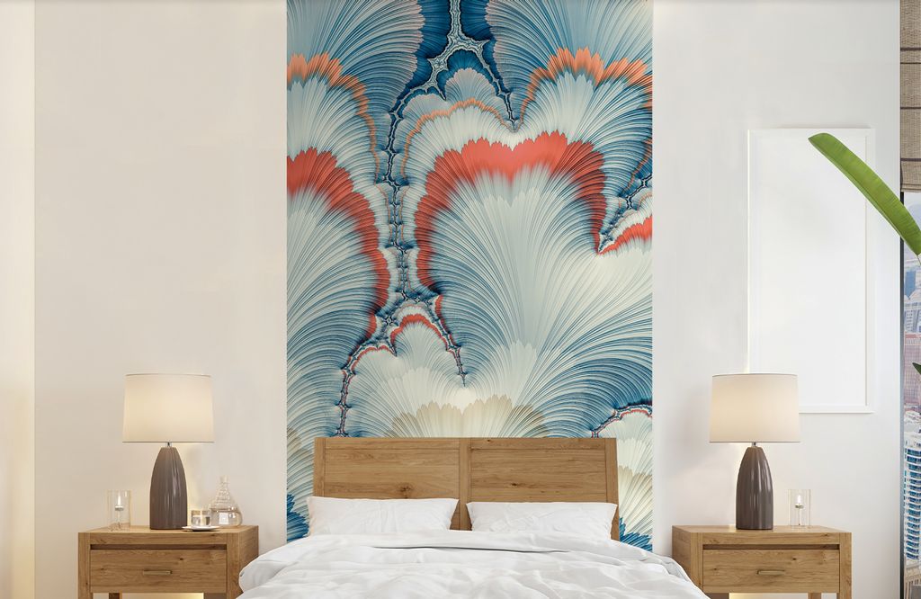 MuchoWow Fototapete für Wohnzimmer oder Schlafzimmer Wandtapete Vinyl Motivtapete Ein weiß-blaues Blumenmuster - 120x240 cm - Hintergrundbild