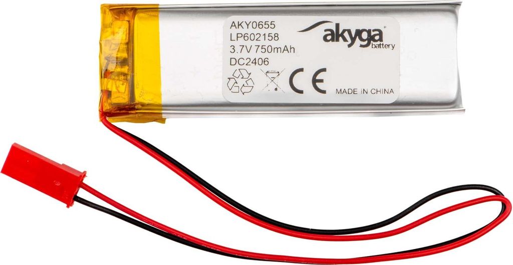 Li-Po Akku LP602158 Akyga AKY0655 3.7V / 750mAh PCM JST 2-Pin Stecker 150mm
