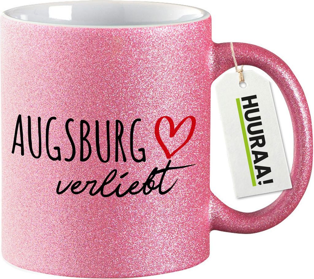 Huuraa Glitzertasse Augsburg verliebt 330ml Pink Keramik Kaffeebecher Geschenkidee