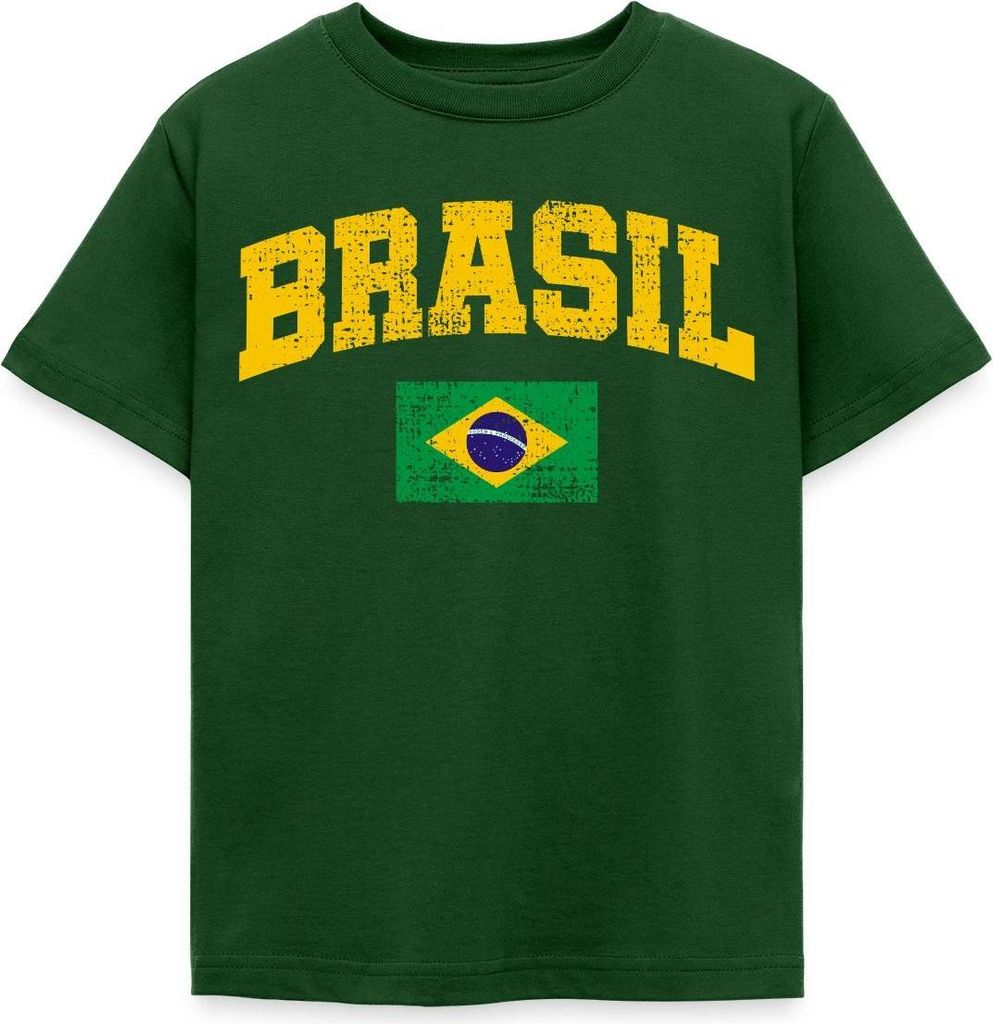 Spreadshirt Brasil Schriftzug Brasilien Flagge Retro Kinder T-Shirt, 122/128 (7-8 Jahre), Forstgrün