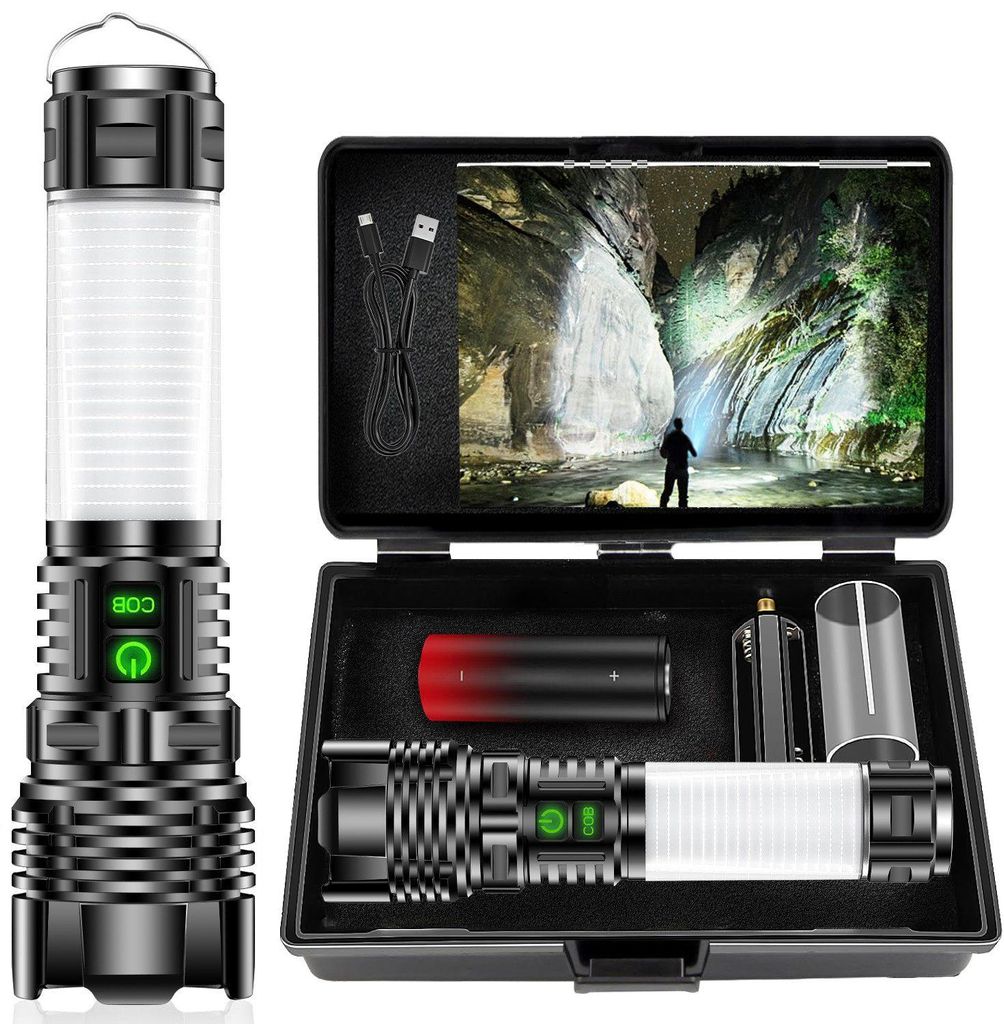 LED Taschenlampe extrem hell 300.000 Lumen, 5000 mAh USB-aufladbar, zoombare Handlampe mit 5 Lichtmodi, IP67 wasserdicht, taktische Camping-Lampe