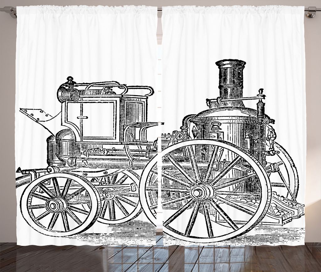 ABAKUHAUS Dampfmaschine Rustikaler Gardine, Old Fireman Truck, Schlafzimmer Kräuselband Vorhang mit Schlaufen und Haken, 280 x 175 cm, Charcoal Gr...
