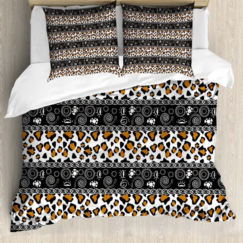 ABAKUHAUS Zambia Copripiumino, motivo ghepardo, antiacaro, adatto a chi soffre di allergie, con federe, 155 cm x 220 cm - 80 x 80 cm, marrone scuro arancione bianco