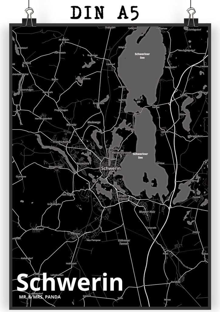 Mr. & Mrs. Panda Bild Schwerin DIN A5 - Geschenk, Stadt, drucke, Wanddekoration, Kunstdruck, Dorf Karte Landkarte Map Stadtplan, wanddeko, Wandbild