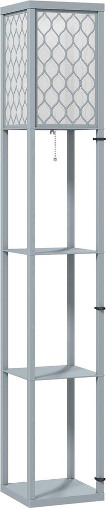 Stehlampe mit Regal, 3 Fächer, kompakte Maße, MDF, Hellgrau