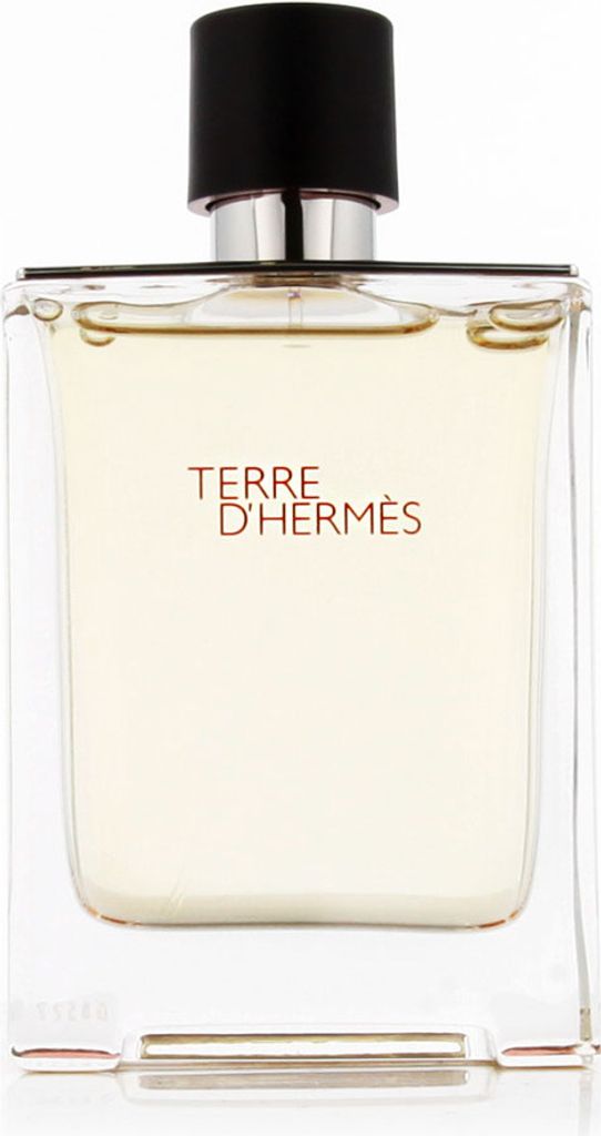 A clear, front-facing studio shot of a bottle of Terre D'Hermes eau de toilette.