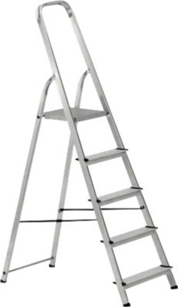 A silver aluminum step ladder with five steps is shown against a white background.