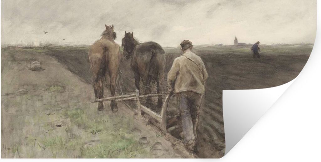 MuchoWow Wandtattoo Wandsticker Wandaufkleber Pflügender Bauer - Gemälde von Anton Mauve 160x80 cm Selbstklebend und Repositionierbar - Sticker...