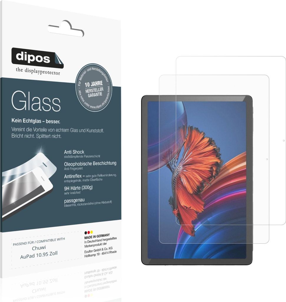 2x Schutzfolie für Chuwi AuPad 10.95 Zoll matt - Anti-Shock 9H Folie dipos Glass Kunststoffglas
