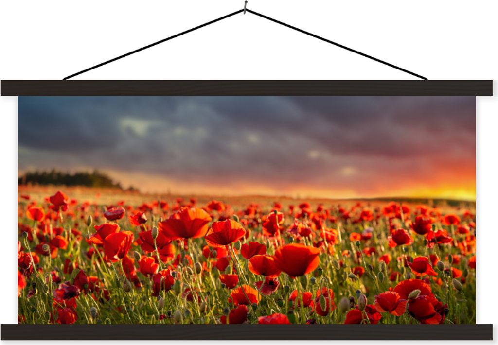 MuchoWow Textilposter Sonnenuntergang über einem Feld von Mohnblumen 60x30 cm mit schwarzem Rahmen - Textilien