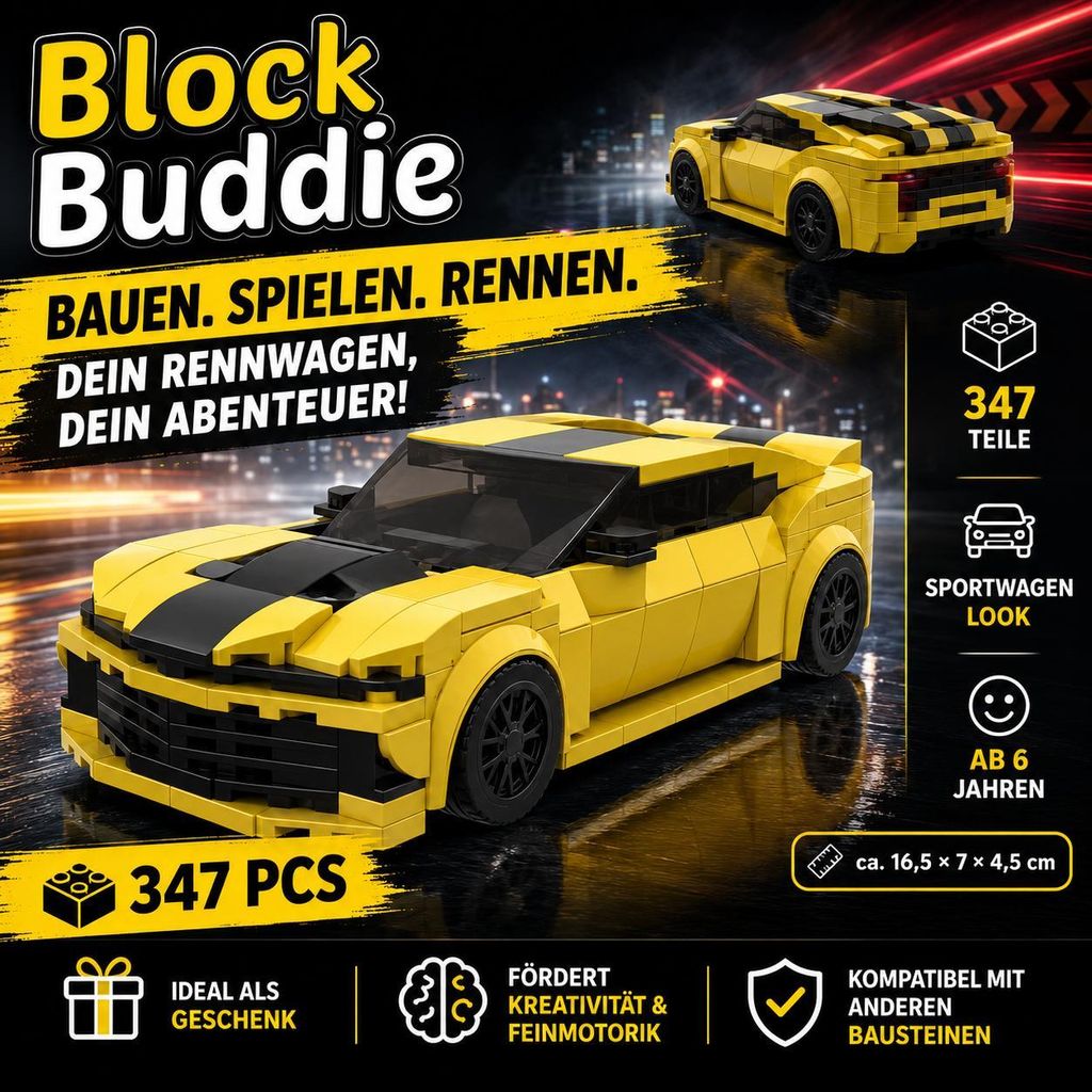 BlockBuddie Camaro inspiriertes Klemmbaustein Set 347 Teile - Auto Modell Bauset Sportwagen