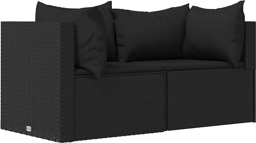 A black rattan corner sofa with black cushions, shown from a side angle against a white background.