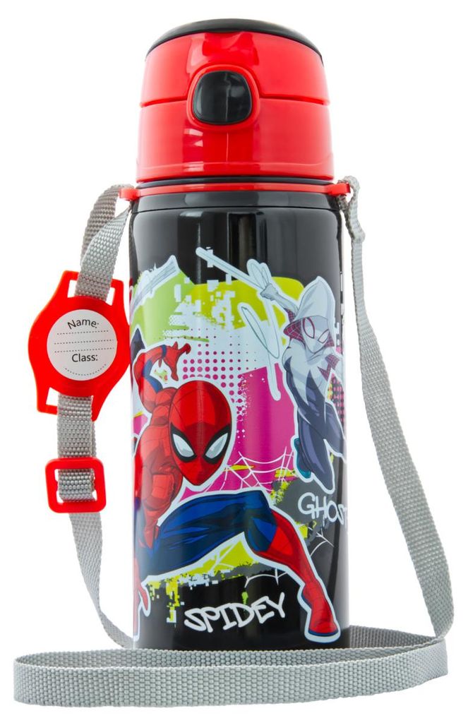 Kinder Trinkflasche Spiderman 600ml Schwarz Tragegurt Alu Produktbild 