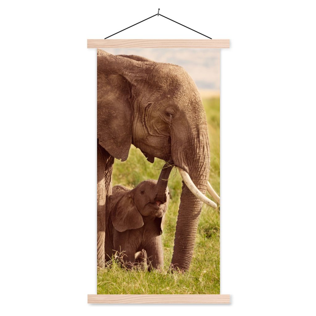 MuchoWow Textilposter Elefant - Gras - Jung - Rüssel 60x120 cm mit holzfarbenen Rahmen - Holz