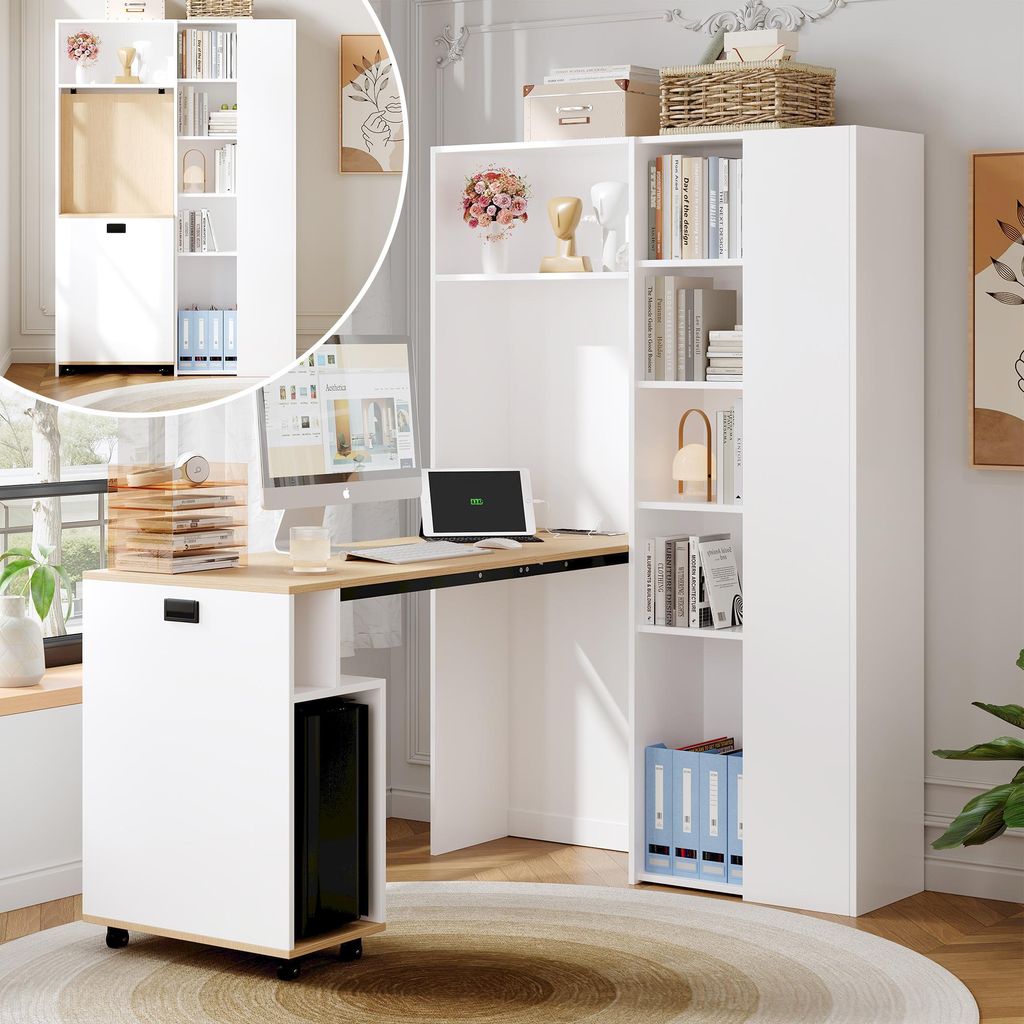Klappbarer Schreibtisch mit Bücherregal (2-in-1), höhenverstellbare Ablagen, Steckdose & USB, Kippschutz, platzsparend, weiß, Eckschreibtisch re...