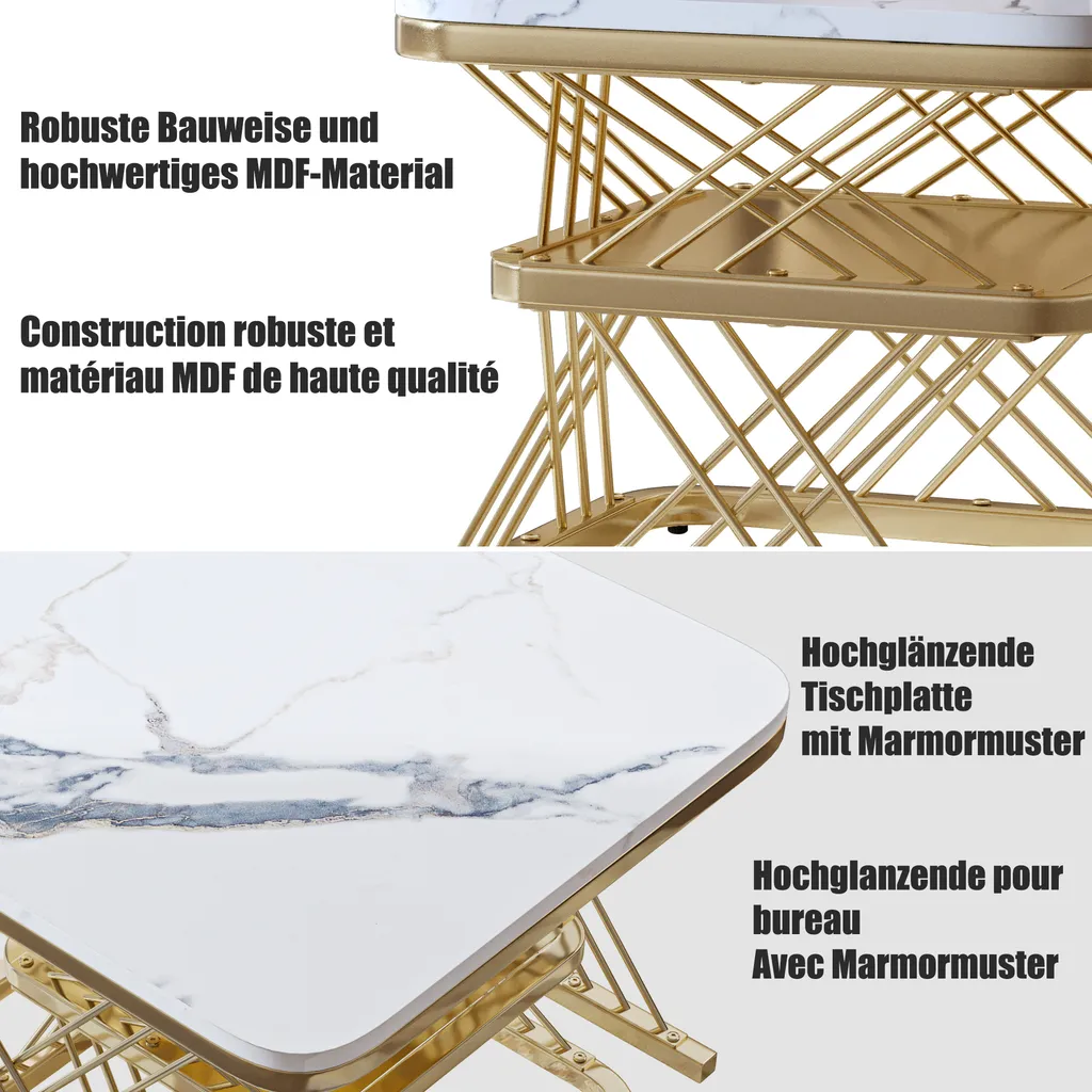 Table Basse Moderne Dorée et Marbre avec Rangement - Structure Métal