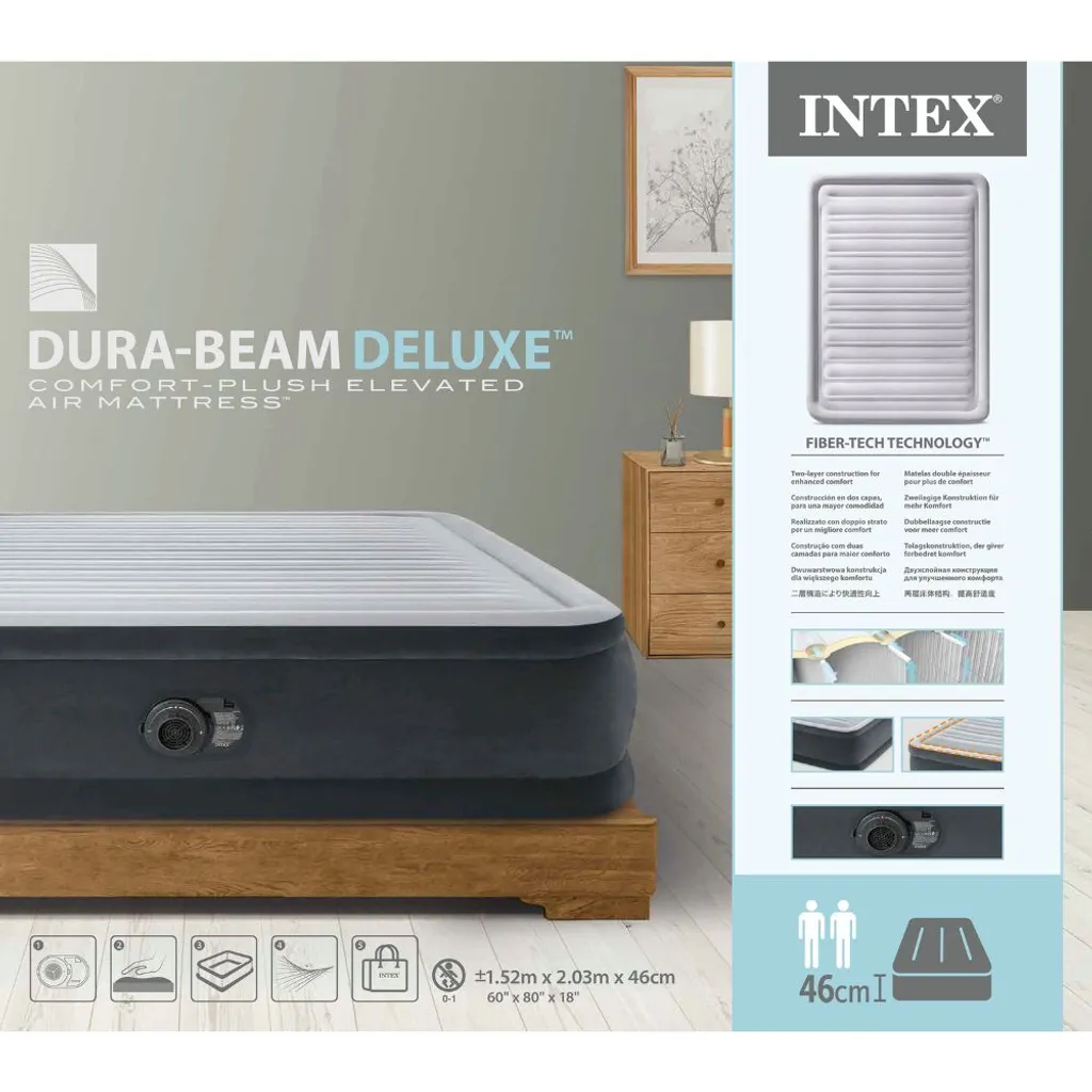 Letto ad aria Intex - 2 persone - 152 x 203 x 46 cm - Grigio - Con pompa incorporata + lenzuola bianche + cuscino + federe Molton 2 in 1 + set di riparazione - 5