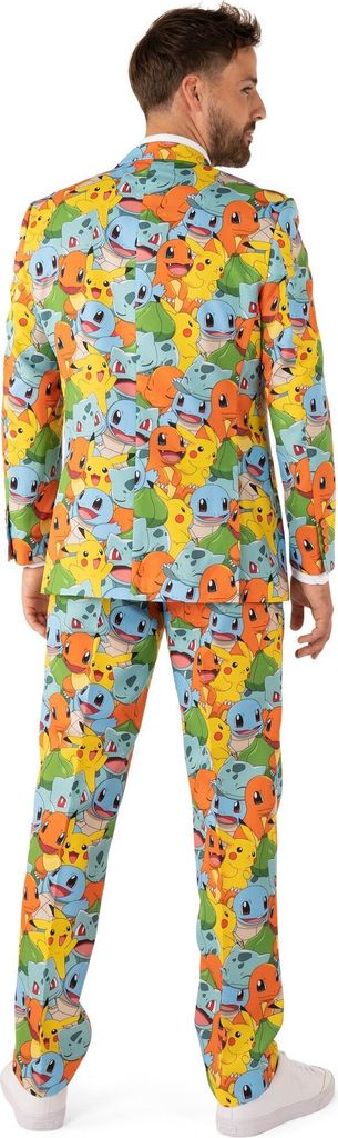 A man wearing a colorful Pokémon-themed suit.
