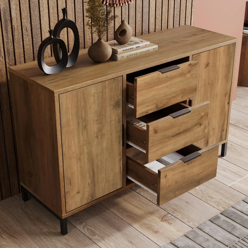 Meuble de Rangement Salon Bois Massif Marron 120cm Style Scandinave