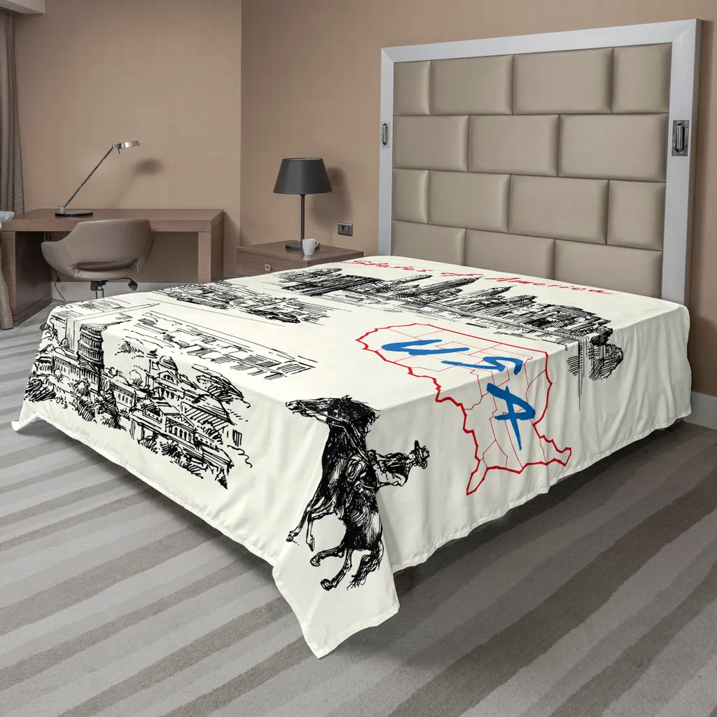 Drap de Lit Supérieur Imprimé Carte USA et Gratte-ciel Noir 266x260cm