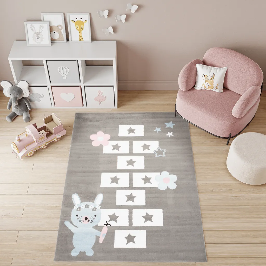Tapis Enfant Confortable et Facile à Nettoyer 140x200 Motif Lapin Gris