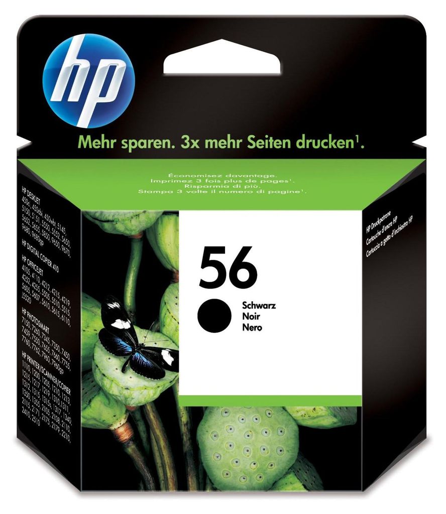 The image shows the packaging of an HP 56 black ink cartridge. The packaging features the HP logo, product number, and descriptive text in multiple languages. A close-up image of lotus seed pods with a butterfly is also visible on the packaging.