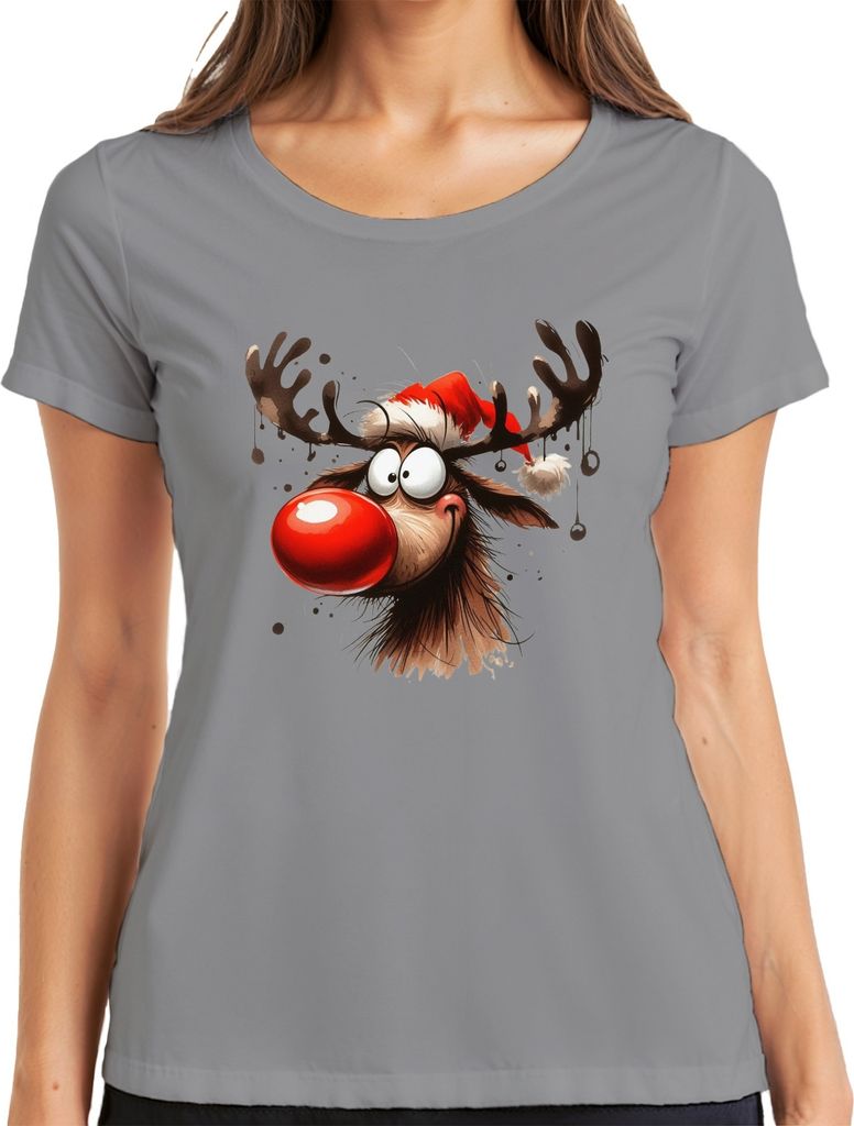 Lustiges Reh Rentier Rudolf Elch - Weihnachten Xmas Christmas Damen T-Shirt, Grau, 3XL