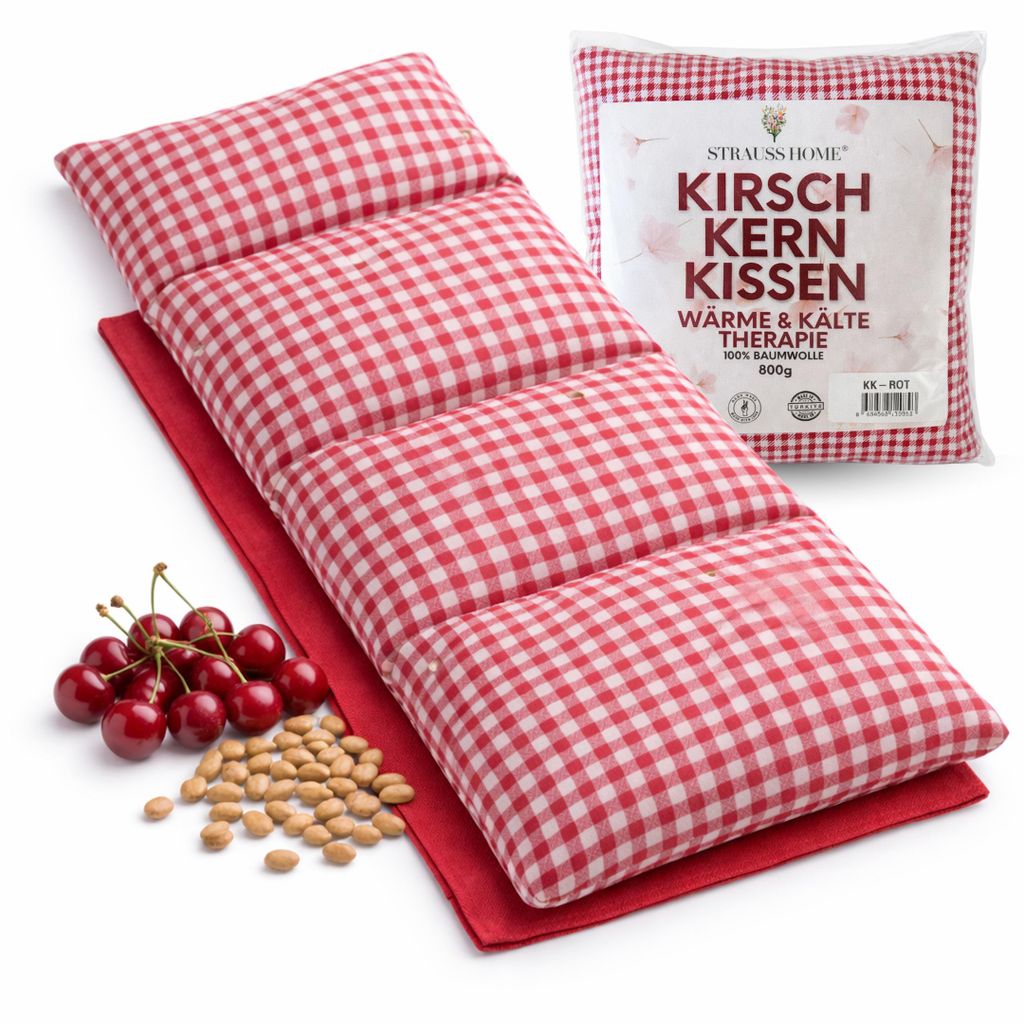 A red and white checkered cherry pit pillow and a bunch of cherries are displayed on a white background.