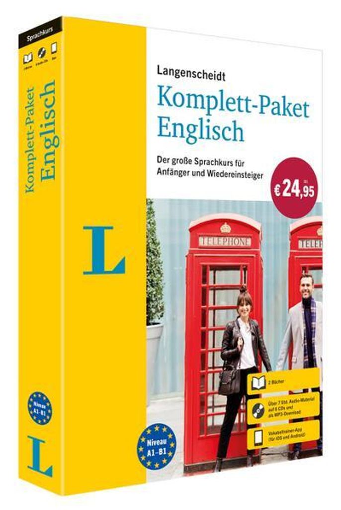 A product box for an English language learning course, featuring images of London.