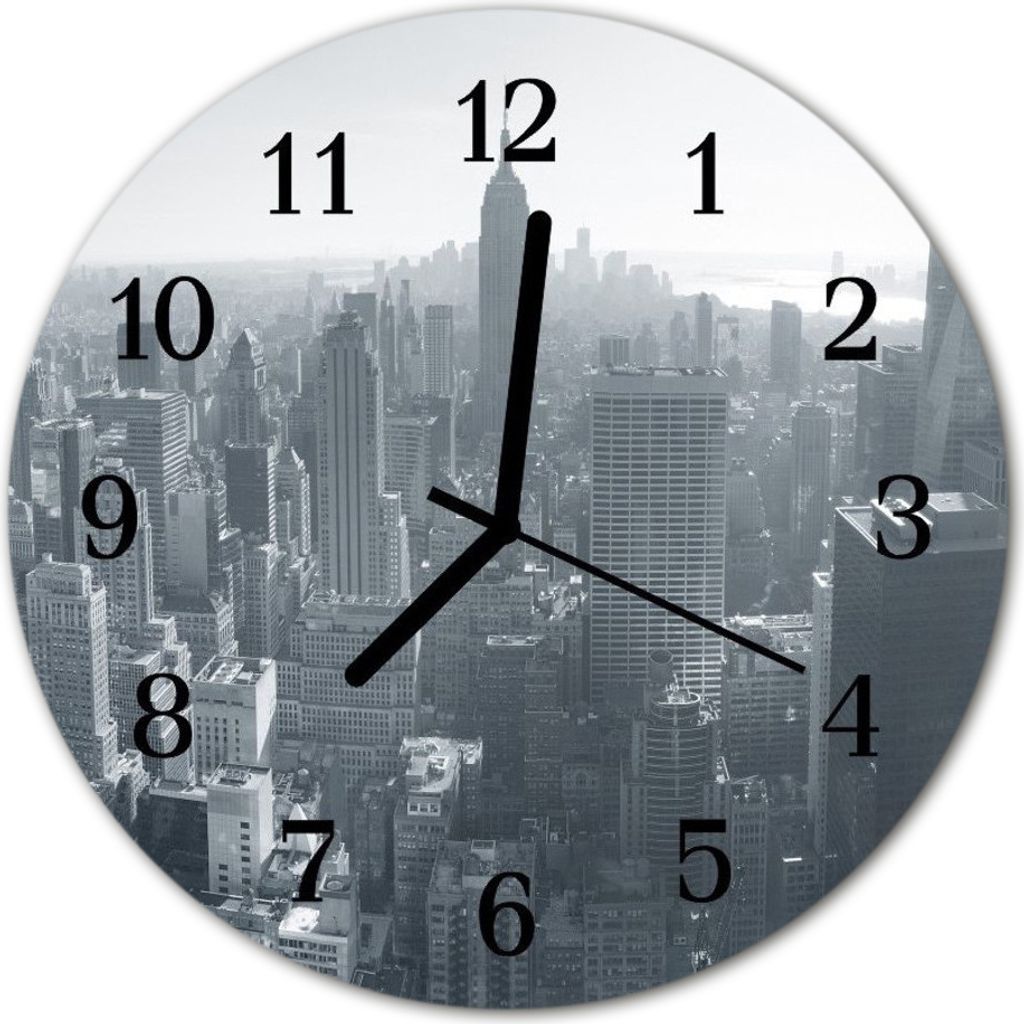 Glasuhr Wanduhr Küchenuhr Echt-Glas 30fi cm Skyline schwarz-weiß