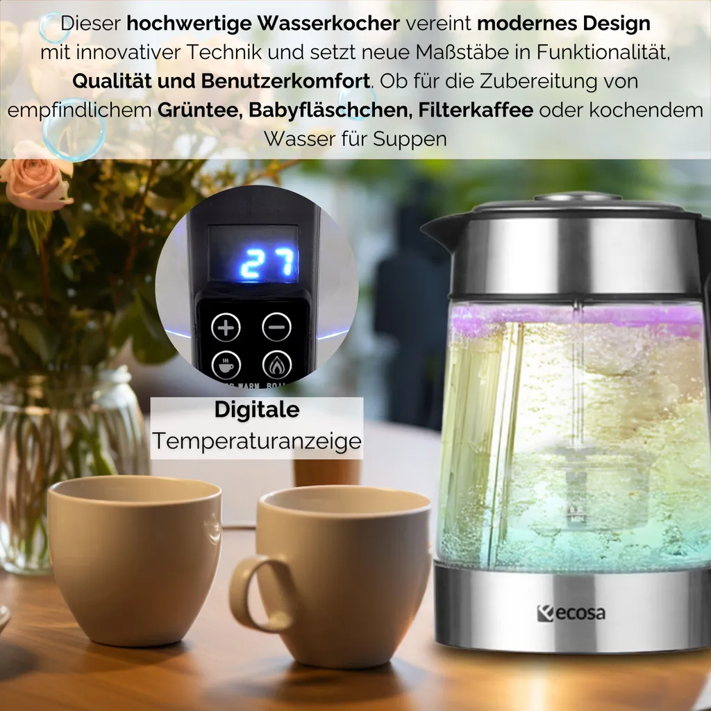 Bouilloire inox et verre 2200W écran LCD avec 5 couleurs LED design - 16