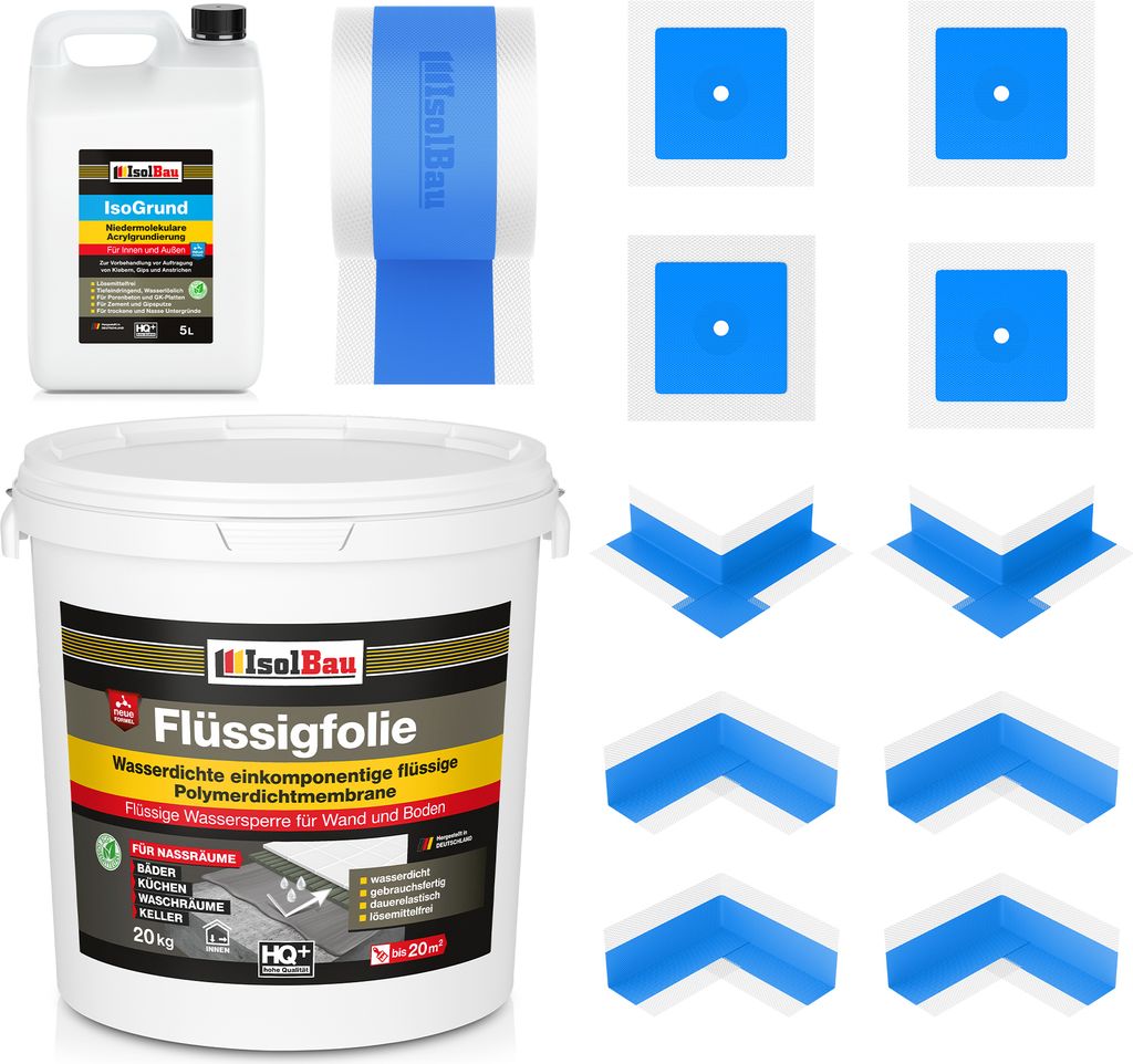 Isolbau Dicht-Set - Inkl. 1x Flüssigfolie (20 kg), 1x Isogrund (5 L), 1x Dichtband (20 m), 4x Innenecken, 2x Außenecken & 4x Manschetten